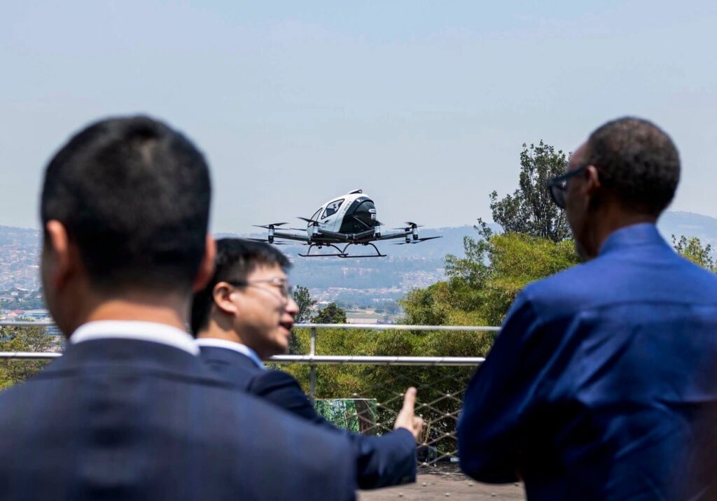 alt="EHang eVTOL aircraft at Aviation Africa Summit in Kigali"